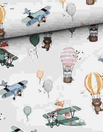 0,5m Premium Baumwollstoff mit fliegende Tiere – mit Bären, Füchse, Waschbären und Hasen in Flugzeuge, Heißluftballons, usw. – Jungen Kinderstoff – Digital – Ökotex