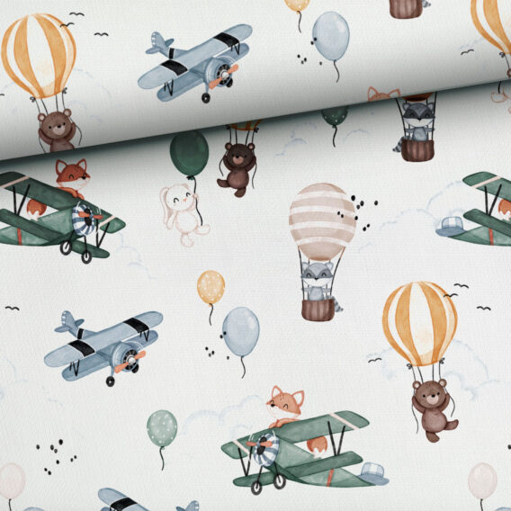 0,5m Premium Baumwollstoff mit fliegende Tiere – mit Bären, Füchse, Waschbären und Hasen in Flugzeuge, Heißluftballons, usw. – Jungen Kinderstoff – Digital – Ökotex