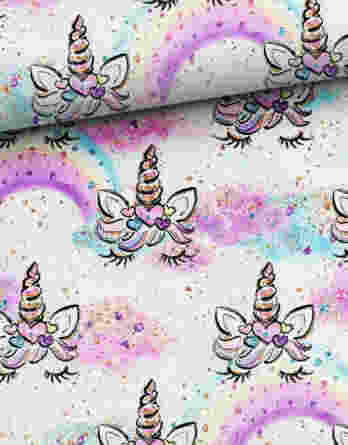 0,5m Premium Baumwollstoff mit hübschen Einhorn Lashes mit Regenbogen in den tollen Farben gelb, lila, pink, rosa, türkis, gold, usw. – Damen und Mädchen Kinderstoff – Digital – Ökotex