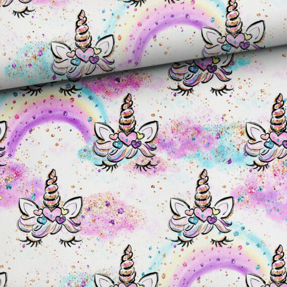 0,5m Premium Baumwollstoff mit hübschen Einhorn Lashes mit Regenbogen in den tollen Farben gelb, lila, pink, rosa, türkis, gold, usw. – Damen und Mädchen Kinderstoff – Digital – Ökotex