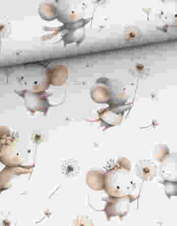 0,5m Premium Baumwollstoff mit niedliche Mäuse mit Pusteblumen – Kinderstoff für Baby und Neugeborene – Digital – Ökotex – Mäuseliebe