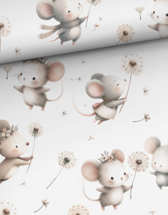 0,5m Premium Baumwollstoff mit niedliche Mäuse mit Pusteblumen – Kinderstoff für Baby und Neugeborene – Digital – Ökotex – Mäuseliebe