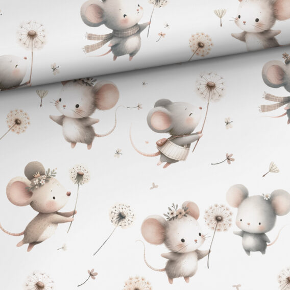 0,5m Premium Baumwollstoff mit niedliche Mäuse mit Pusteblumen – Kinderstoff für Baby und Neugeborene – Digital – Ökotex – Mäuseliebe