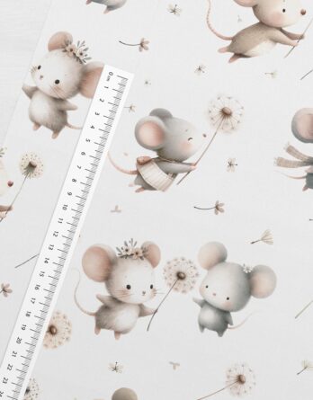 0,5m Premium Baumwollstoff mit niedliche Mäuse mit Pusteblumen – Kinderstoff für Baby und Neugeborene – Digital – Ökotex – Mäuseliebe