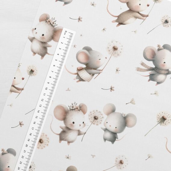 0,5m Premium Baumwollstoff mit niedliche Mäuse mit Pusteblumen – Kinderstoff für Baby und Neugeborene – Digital – Ökotex – Mäuseliebe
