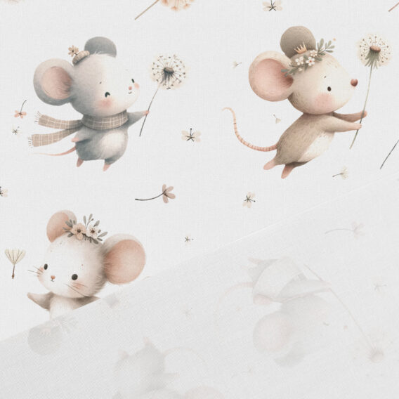 0,5m Premium Baumwollstoff mit niedliche Mäuse mit Pusteblumen – Kinderstoff für Baby und Neugeborene – Digital – Ökotex – Mäuseliebe