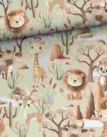0,5m Premium Baumwollstoff mit Tiere in der Steppe – Löwen, Geparde, Giraffen, Gazellen, Büffel, usw. – Safari Boy – Jungen Kinderstoff – Digital – Ökotex