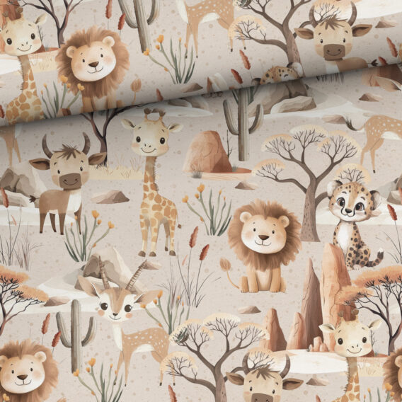 0,5m Premium Baumwollstoff mit Tiere in der Steppe – Löwen, Geparde, Giraffen, Gazellen, Büffel, usw. – Safari Boy – Jungen Kinderstoff – Digital – Ökotex
