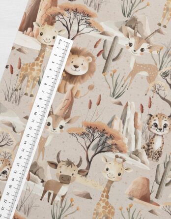 0,5m leichter Jersey Stoff mit Tiere aus der Steppe – Löwen, Gazellen, Geparde, Giraffen, Büffel – Mädchen und Jungen Jersey aus Baumwolle – Kinderstoff zum Nähen – Digital – Ökotex – Safari Boy