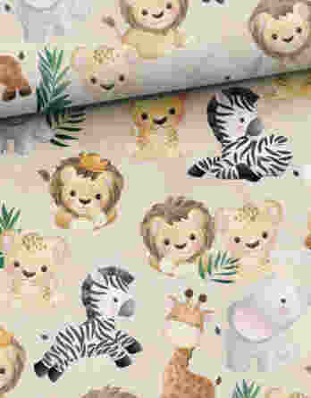 0,5m Premium Baumwollstoff mit wilde Tiere mit Löwen, Zebras, Giraffen, Geparde und Elefanten – Jungen Kinderstoff – Digital – Ökotex – Löwe als König
