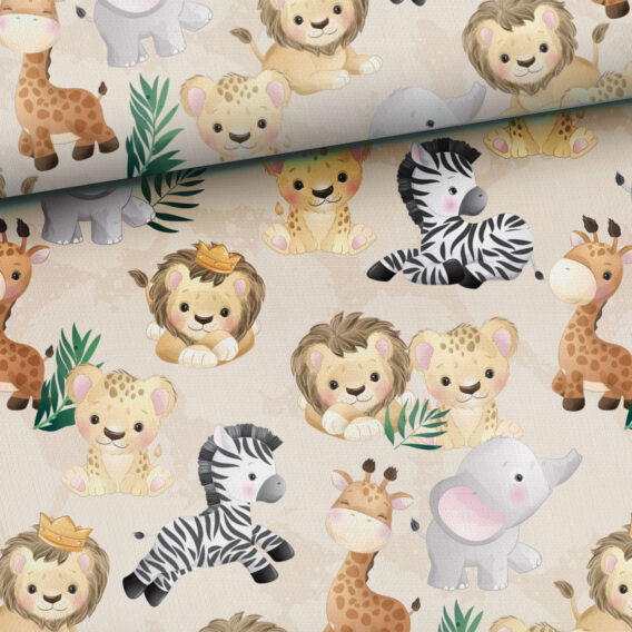 0,5m Premium Baumwollstoff mit wilde Tiere mit Löwen, Zebras, Giraffen, Geparde und Elefanten – Jungen Kinderstoff – Digital – Ökotex – Löwe als König