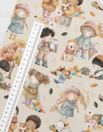 0,5m Premium Baumwollstoff mit süße Mädchen, Jungen und Tiere im Herbst – Kinder mit Tiere wie Katze, Hund, Eule, Fuchs, Igel, Eichhörnchen, Vogel – Digital – Ökotex – Blätterliebe