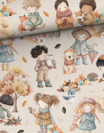 0,5m Premium Baumwollstoff mit süße Mädchen, Jungen und Tiere im Herbst – Kinder mit Tiere wie Katze, Hund, Eule, Fuchs, Igel, Eichhörnchen, Vogel – Digital – Ökotex – Blätterliebe 0,5m Premium Baumwollstoff mit süße Mädchen, Jungen und Tiere im Herbst – Kinder mit Tiere wie Katze, Hund, Eule, Fuchs, Igel, Eichhörnchen, Vogel – Digital – Ökotex – Blätterliebe