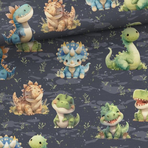 0,5m French Terry Sweatstoff mit lustige Dinosaurier – Kinder Sommersweat für Jungen – Digitaldruck – Ökotex – Baby Dinos
