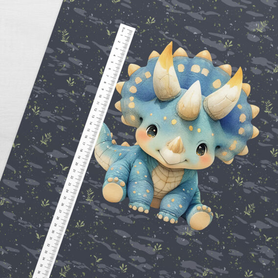 1 French Terry Sweatstoff Panel mit niedlichem Dinosaurier in blau – 40x50cm – Dino Sommersweat Kinderstoff für Jungen – Digitaldruck – Ökotex – Baby Dinos
