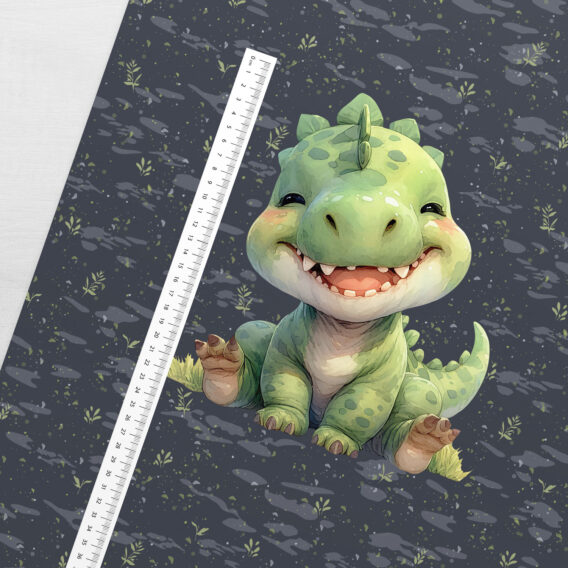 1 French Terry Sweatstoff Panel mit niedlichem Dinosaurier in grün – 40x50cm – Dino Sommersweat Kinderstoff für Jungen – Digitaldruck – Ökotex – Baby Dinos