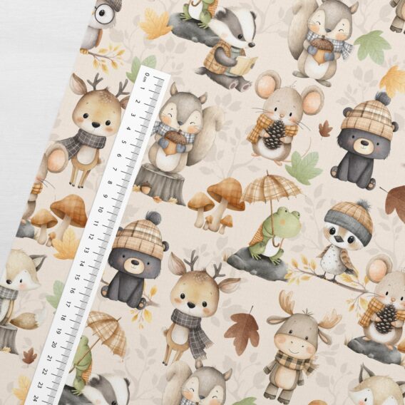 0,5m French Terry Sweatstoff mit Tiere – Fuchs Bär Eule Reh Eichhörnchen Frosch Dachs – Waldtiere im Herbst – Sommersweat für Kinder – Digital – Ökotex – Babyglück