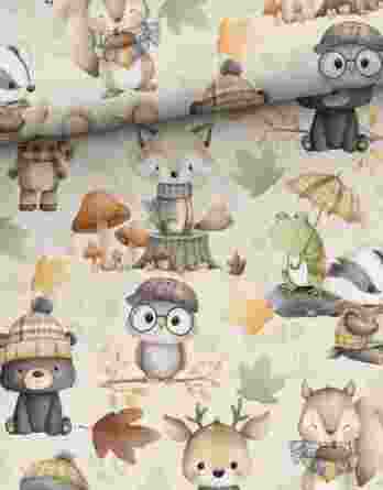 0,5m French Terry Sweatstoff mit Tiere – Fuchs Bär Eule Reh Eichhörnchen Frosch Dachs – Waldtiere im Herbst – Sommersweat für Kinder – Digital – Ökotex – Babyglück