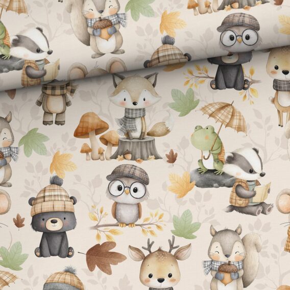 0,5m French Terry Sweatstoff mit Tiere – Fuchs Bär Eule Reh Eichhörnchen Frosch Dachs – Waldtiere im Herbst – Sommersweat für Kinder – Digital – Ökotex – Babyglück