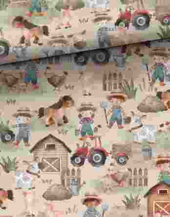 0,5m French Terry Sweatstoff mit Mädchen, Jungen, Tiere & Traktoren am Bauernhof – mit Pferd Kuh Henne Küken Schwein – Sommersweat für Kinder – Digital – Ökotex