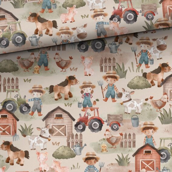 0,5m French Terry Sweatstoff mit Mädchen, Jungen, Tiere & Traktoren am Bauernhof – mit Pferd Kuh Henne Küken Schwein – Sommersweat für Kinder – Digital – Ökotex