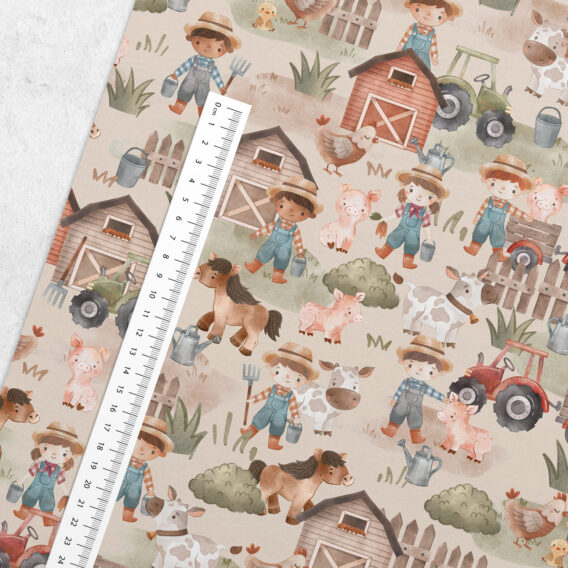 0,5m French Terry Sweatstoff mit Mädchen, Jungen, Tiere & Traktoren am Bauernhof – mit Pferd Kuh Henne Küken Schwein – Sommersweat für Kinder – Digital – Ökotex