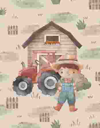 1 French Terry Sweatstoff Panel mit Jungen, Traktor und Stall – 40x50cm – Bauernhof Sommersweat Kinderstoff – Digital – Ökotex