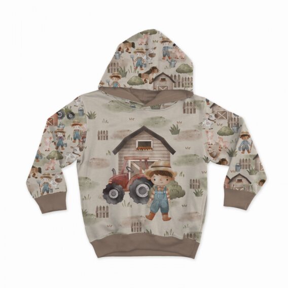 0,5m French Terry Sweatstoff mit Mädchen, Jungen, Tiere & Traktoren am Bauernhof – mit Pferd Kuh Henne Küken Schwein – Sommersweat für Kinder – Digital – Ökotex