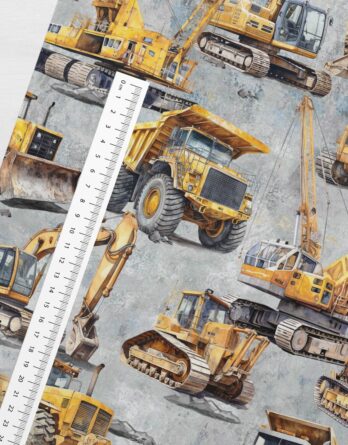 0,5m Premium Baumwollstoff mit Stoffe für Kinder mit Baustellenfahrzeuge Bagger LKW – Fahrzeuge Baumwollstoffe zum Nähen – Kinderstoffe aus 100% Baumwolle für Jungen – Baustelle auf grau – Digital – Ökotex