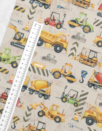 0,5m Premium Baumwollstoff mit Traktor, Bagger, LKW, Kran – Baustellenfahrzeuge für Jungen – bunte Fahrzeuge auf der Baustelle – Baumwollstoffe zum Nähen – Kinderstoffe aus 100% Baumwolle – Digital – Ökotex