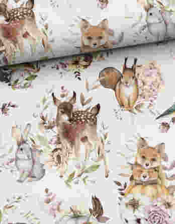 0,5m French Terry Sweat Stoff mit lustige Tiere mit Kürbis – Reh, Igel, Hase, Fuchs, Vogel und Eichhörnchen – Waldtiere im Herbst – Digital – Ökotex