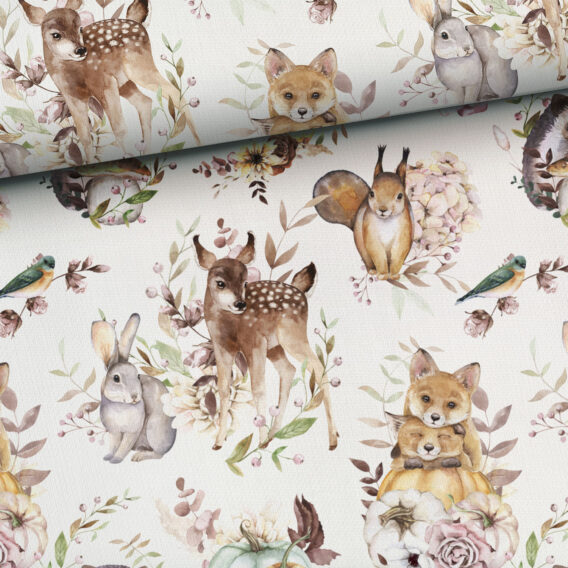 0,5m French Terry Sweat Stoff mit lustige Tiere mit Kürbis – Reh, Igel, Hase, Fuchs, Vogel und Eichhörnchen – Waldtiere im Herbst – Digital – Ökotex