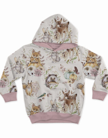 0,5m French Terry Sweat Stoff mit lustige Tiere mit Kürbis – Reh, Igel, Hase, Fuchs, Vogel und Eichhörnchen – Waldtiere im Herbst – Digital – Ökotex