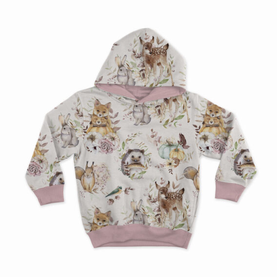 0,5m French Terry Sweat Stoff mit lustige Tiere mit Kürbis – Reh, Igel, Hase, Fuchs, Vogel und Eichhörnchen – Waldtiere im Herbst – Digital – Ökotex