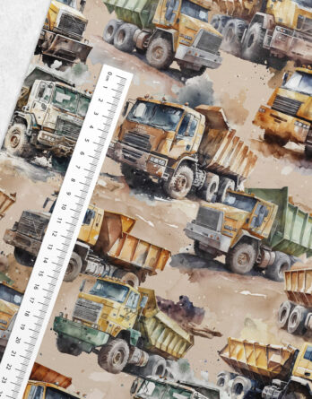 0,5m Premium Baumwollstoff mit Stoffe für Kinder mit Baustellenfahrzeuge – Baumwollstoffe zum Nähen mit Fahrzeuge auf der Baustelle – Kinderstoffe aus 100% Baumwolle für Jungen – LKW auf Erde- Digital – Ökotex