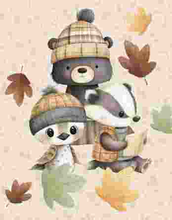 1 French Terry Sweatstoff Panel mit Bär, Vogel und Dachs mit Mütze im Herbst – 40x50cm – Sommersweat Kinderstoff für Jungen – Digital – Ökotex – Babyglück