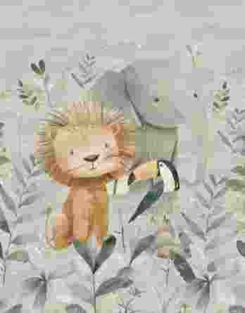 1 French Terry Sweat Stoff Panel mit Löwe Elefant und Tucan Vogel – 40x50cm – Sommersweat Kinderstoff mit Wildtiere für Jungen – Digital – Ökotex – Safari auf grün