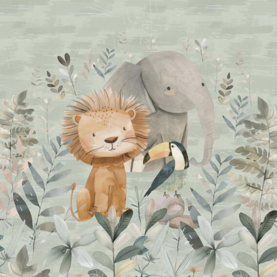 1 French Terry Sweat Stoff Panel mit Löwe Elefant und Tucan Vogel – 40x50cm – Sommersweat Kinderstoff mit Wildtiere für Jungen – Digital – Ökotex – Safari auf grün