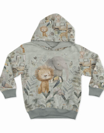1 French Terry Sweat Stoff Panel mit Löwe Elefant und Tucan Vogel – 40x50cm – Sommersweat Kinderstoff mit Wildtiere für Jungen – Digital – Ökotex – Safari auf grün