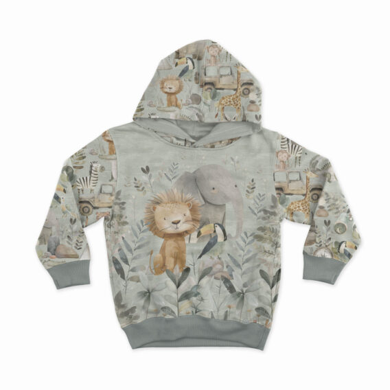 0,5m French Terry Sweat Stoff mit süße Tiere in der Savanne – Löwe, Elefant, Krokodil, Tiger, Giraffe, Affe, Zebra, Tiger – Wildtiere für Jungen – Digital – Ökotex – Safari auf grün