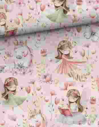 0,5m French Terry Sweat Stoff mit Mädchen als Prinzessin oder Fee, Einhorn, Schmetterlinge und Blumen auf rosa – Mädchenstoffe auf Sweatstoff – Digital – Ökotex