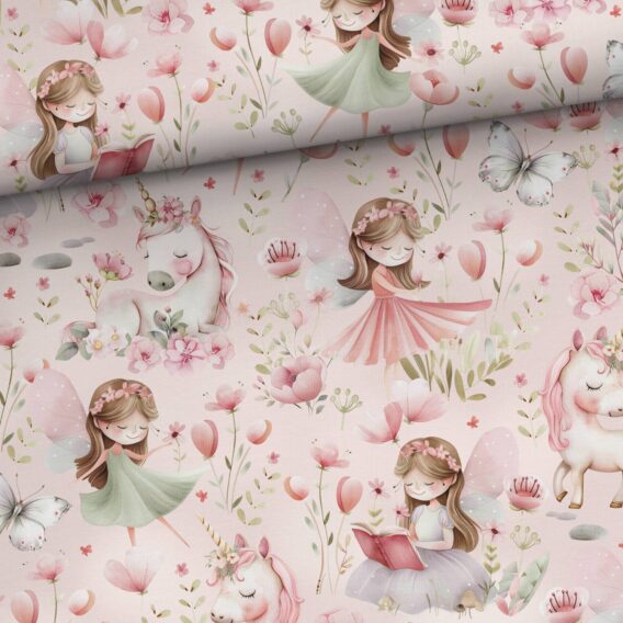 0,5m French Terry Sweat Stoff mit Mädchen als Prinzessin oder Fee, Einhorn, Schmetterlinge und Blumen auf rosa – Mädchenstoffe auf Sweatstoff – Digital – Ökotex