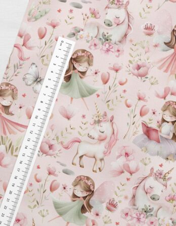 0,5m French Terry Sweat Stoff mit Mädchen als Prinzessin oder Fee, Einhorn, Schmetterlinge und Blumen auf rosa – Mädchenstoffe auf Sweatstoff – Digital – Ökotex
