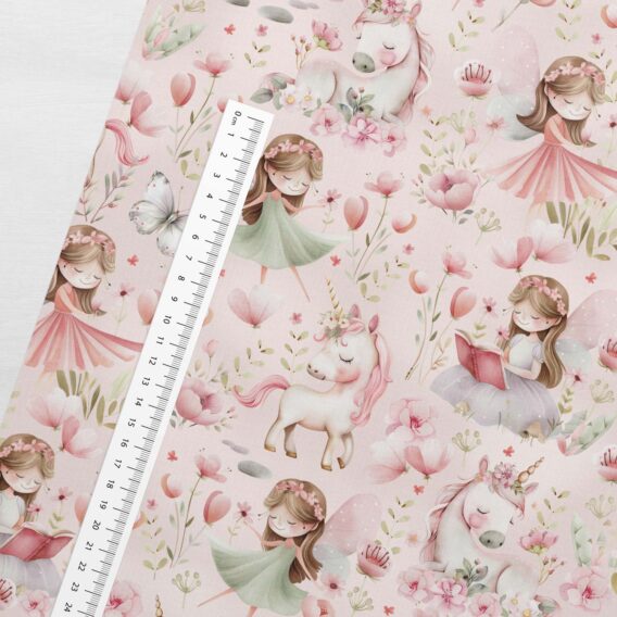 0,5m French Terry Sweat Stoff mit Mädchen als Prinzessin oder Fee, Einhorn, Schmetterlinge und Blumen auf rosa – Mädchenstoffe auf Sweatstoff – Digital – Ökotex