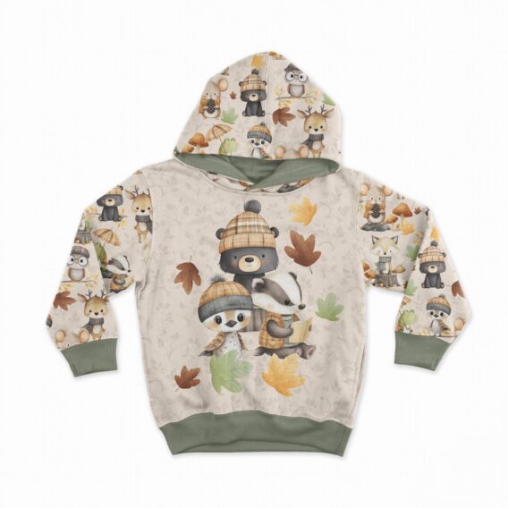 0,5m French Terry Sweatstoff mit Tiere – Fuchs Bär Eule Reh Eichhörnchen Frosch Dachs – Waldtiere im Herbst – Sommersweat für Kinder – Digital – Ökotex – Babyglück
