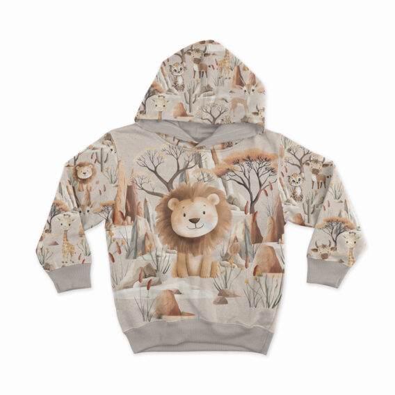 1 French Terry Sweatstoff Panel mit süßem Löwen in der Steppe – 40x50cm – Wildtiere Sommersweat Kinderstoff für Jungen – Digitaldruck – Ökotex – Safari Boy
