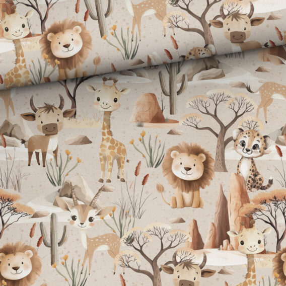 0,5m French Terry Sweatstoff mit lustige Tiere in der Steppe – Löwe Giraffe Gnu Antilopen Gepard – Kinder Sommersweat für Jungen – Digitaldruck – Ökotex – Safari Boy