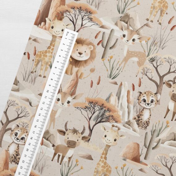 0,5m French Terry Sweatstoff mit lustige Tiere in der Steppe – Löwe Giraffe Gnu Antilopen Gepard – Kinder Sommersweat für Jungen – Digitaldruck – Ökotex – Safari Boy