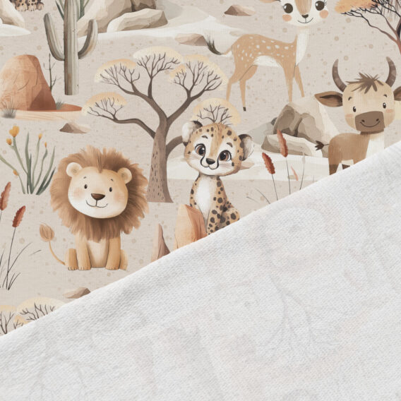 1 French Terry Sweatstoff Panel mit süßem Löwen in der Steppe – 40x50cm – Wildtiere Sommersweat Kinderstoff für Jungen – Digitaldruck – Ökotex – Safari Boy
