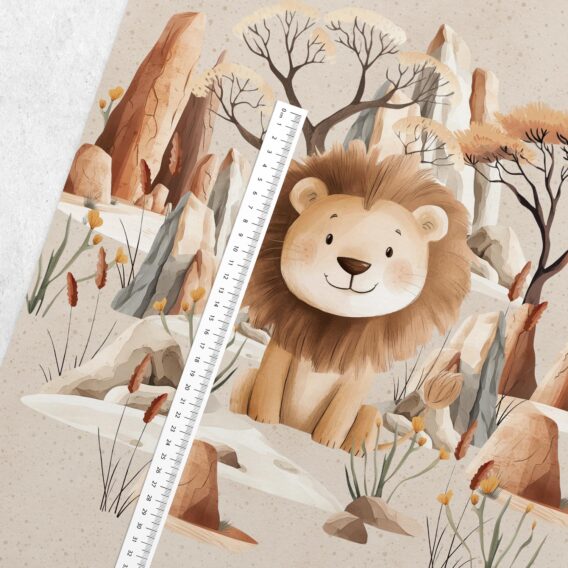 1 French Terry Sweatstoff Panel mit süßem Löwen in der Steppe – 40x50cm – Wildtiere Sommersweat Kinderstoff für Jungen – Digitaldruck – Ökotex – Safari Boy